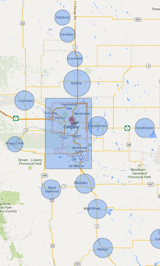Our Service area is Greater Calgary, which includes Airdrie, Carstairs, Cochrane, Crossfield, High River, Nanton, Okotoks, Strathmore and surrounding areas.